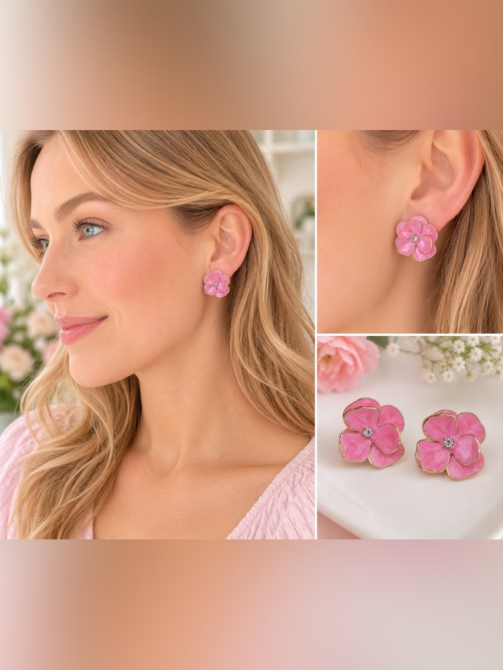 Pink Flower Garden Enamel & Gold Cute Fun Girly Luxe Feminine Boutique Earrings